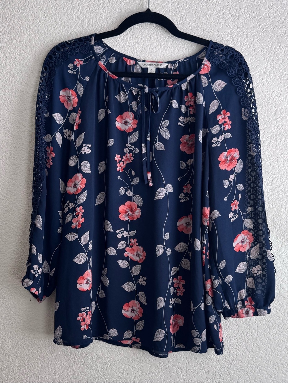 COUNTERPARTS Navy Floral Tie-Front Crochet-Sleeve Blouse | large